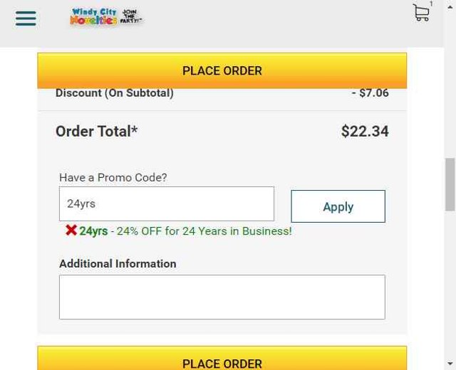 Windy City Novelties checkout page showing Windy City Novelties promo code box | Screenshot taken by SimplyCodes community member on Aug 11, 2025