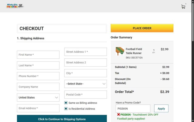 Windy City Novelties checkout page showing Windy City Novelties promo code box | Screenshot taken by SimplyCodes community member on Aug 13, 2025