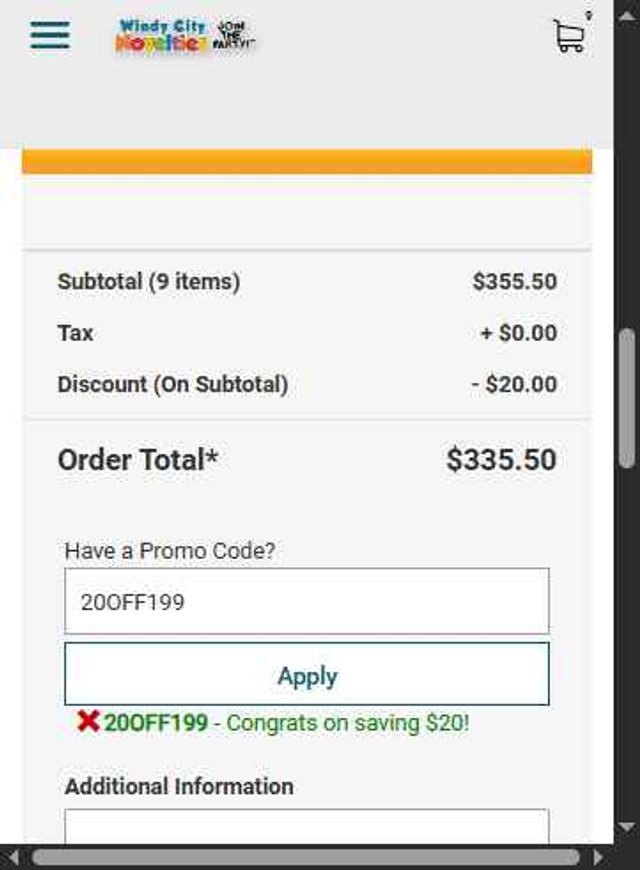 Windy City Novelties checkout page showing Windy City Novelties promo code box | Screenshot taken by SimplyCodes community member on Aug 22, 2025