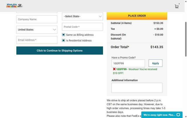 Windy City Novelties checkout page showing Windy City Novelties promo code box | Screenshot taken by SimplyCodes community member on Aug 15, 2025