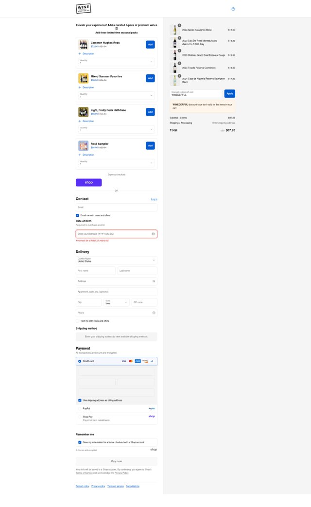 Wine Awesomeness checkout page showing Wine Awesomeness promo code box | Screenshot taken by SimplyCodes community member on Sep 2, 2025