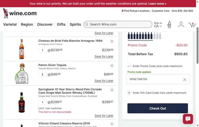 Wine.com checkout page showing Wine.com promo code box | Screenshot taken by SimplyCodes community member on Aug 23, 2025