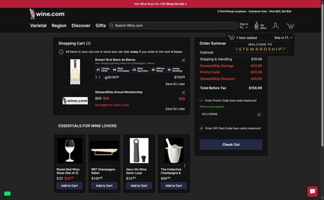 Wine.com checkout page showing Wine.com promo code box | Screenshot taken by SimplyCodes community member on Sep 3, 2025