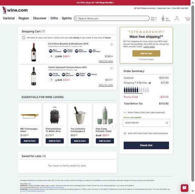 Wine.com checkout page showing Wine.com promo code box | Screenshot taken by SimplyCodes community member on Sep 3, 2025