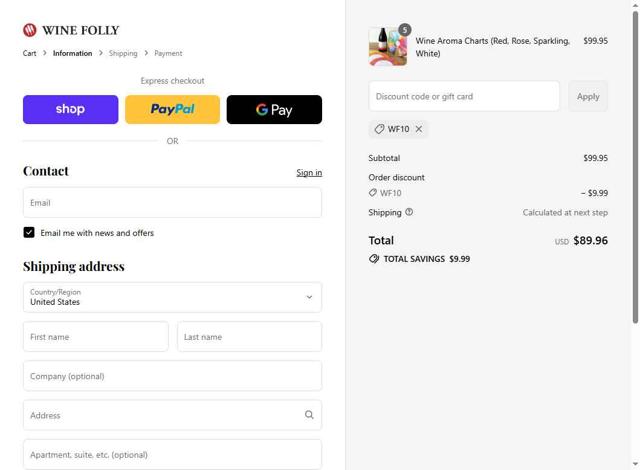 Wine Folly checkout page showing Wine Folly discount code box | Screenshot taken by SimplyCodes community member on Sep 10, 2025
