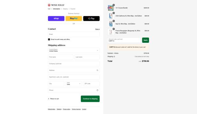 Wine Folly checkout page showing Wine Folly discount code box | Screenshot taken by SimplyCodes community member on Sep 14, 2025
