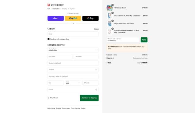 Wine Folly checkout page showing Wine Folly discount code box | Screenshot taken by SimplyCodes community member on Sep 14, 2025