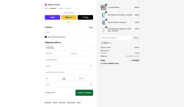 Wine Folly checkout page showing Wine Folly discount code box | Screenshot taken by SimplyCodes community member on Sep 14, 2025