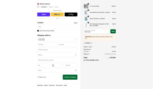 Wine Folly checkout page showing Wine Folly discount code box | Screenshot taken by SimplyCodes community member on Sep 10, 2025