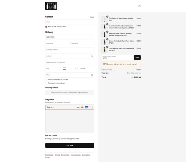 Wine of the Month Club checkout page showing Wine of the Month Club discount code box | Screenshot taken by SimplyCodes community member on Aug 29, 2025