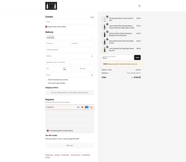 Wine of the Month Club checkout page showing Wine of the Month Club discount code box | Screenshot taken by SimplyCodes community member on Sep 2, 2025