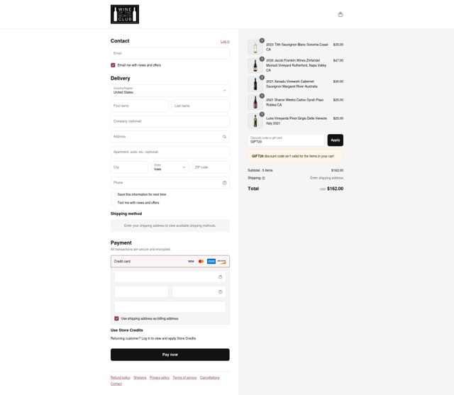 Wine of the Month Club checkout page showing Wine of the Month Club discount code box | Screenshot taken by SimplyCodes community member on Aug 20, 2025