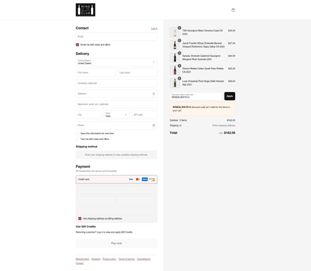 Wine of the Month Club checkout page showing Wine of the Month Club discount code box | Screenshot taken by SimplyCodes community member on Sep 2, 2025