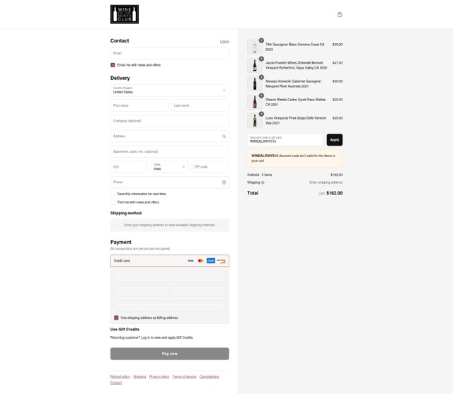 Wine of the Month Club checkout page showing Wine of the Month Club discount code box | Screenshot taken by SimplyCodes community member on Aug 29, 2025