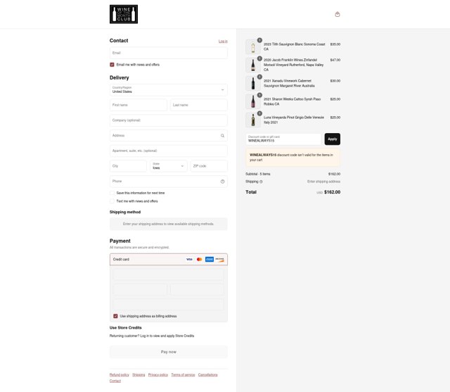 Wine of the Month Club checkout page showing Wine of the Month Club discount code box | Screenshot taken by SimplyCodes community member on Aug 25, 2025