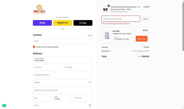 Wine On Sale checkout page showing Wine On Sale coupon code box | Screenshot taken by SimplyCodes community member on Sep 4, 2025
