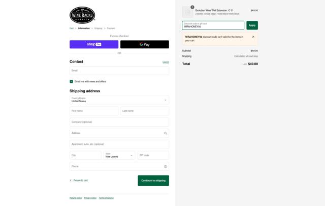 Wine Racks America checkout page showing Wine Racks America discount code box | Screenshot taken by SimplyCodes community member on Dec 31, 2024