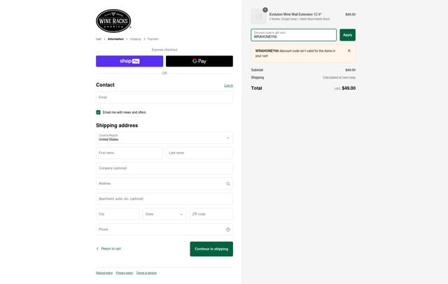 Wine Racks America checkout page showing Wine Racks America discount code box | Screenshot taken by SimplyCodes community member on Dec 20, 2024