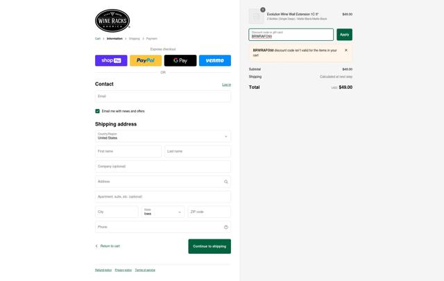 Wine Racks America checkout page showing Wine Racks America discount code box | Screenshot taken by SimplyCodes community member on Dec 12, 2024