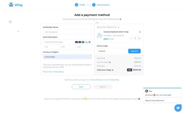 Wing Assistant checkout page showing Wing Assistant promo code box | Screenshot taken by SimplyCodes community member on May 20, 2025