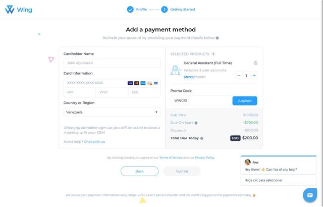 Wing Assistant checkout page showing Wing Assistant promo code box | Screenshot taken by SimplyCodes community member on May 20, 2025