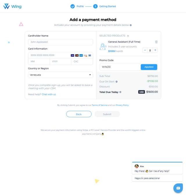 Wing Assistant checkout page showing Wing Assistant promo code box | Screenshot taken by SimplyCodes community member on Aug 11, 2025