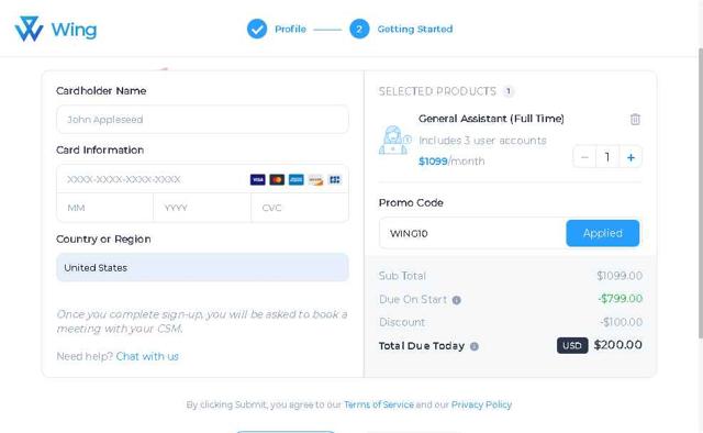 Wing Assistant checkout page showing Wing Assistant promo code box | Screenshot taken by SimplyCodes community member on May 30, 2025