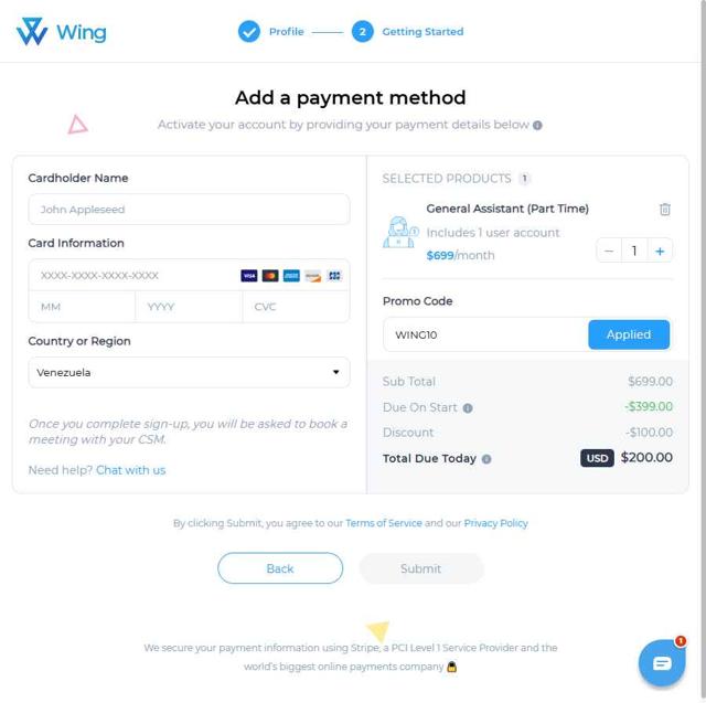 Wing Assistant checkout page showing Wing Assistant promo code box | Screenshot taken by SimplyCodes community member on May 12, 2025