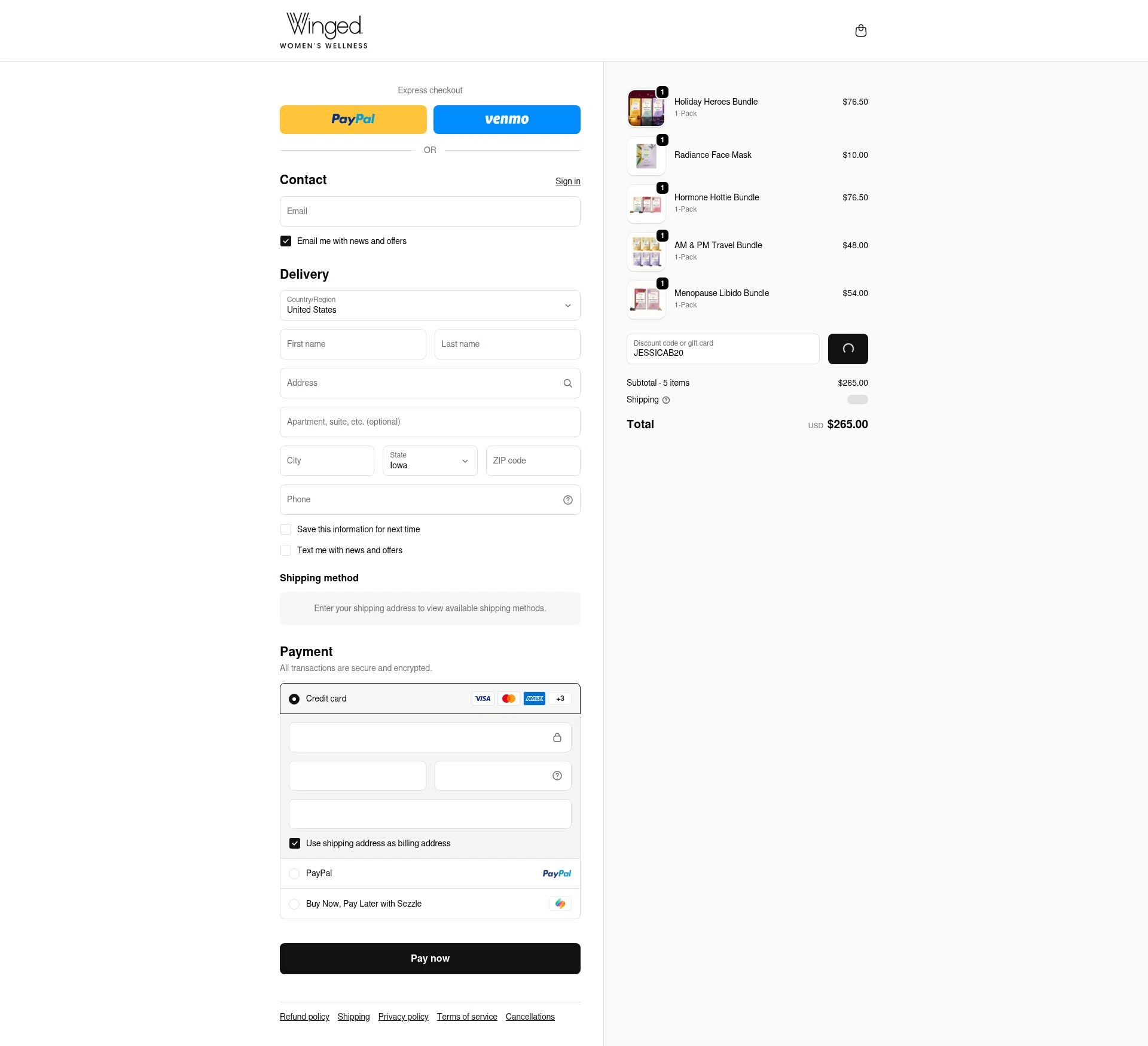 Winged Wellness checkout page showing Winged Wellness coupon code box | Screenshot taken by SimplyCodes community member on Feb 10, 2026