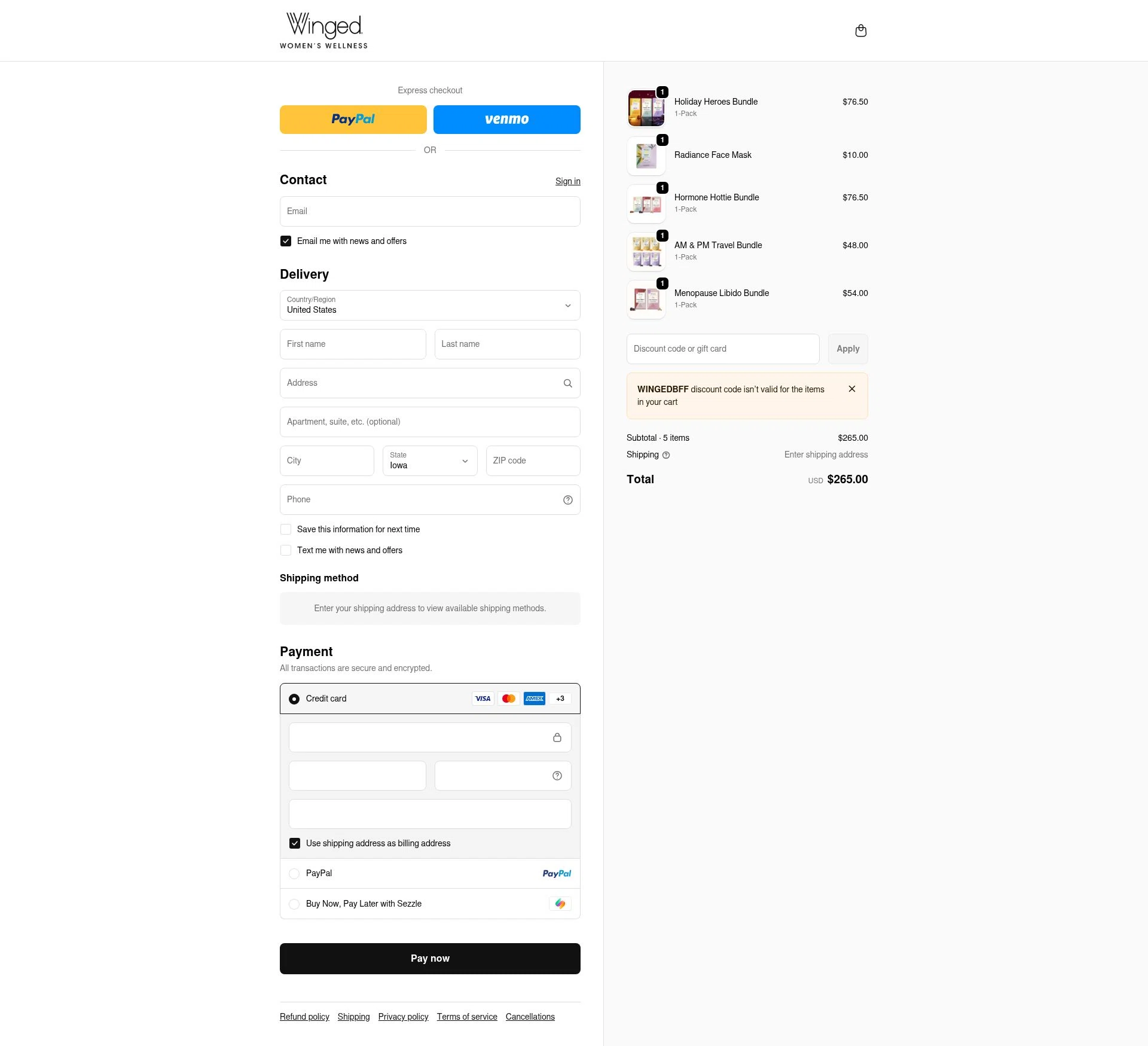 Winged Wellness checkout page showing Winged Wellness coupon code box | Screenshot taken by SimplyCodes community member on Feb 10, 2026