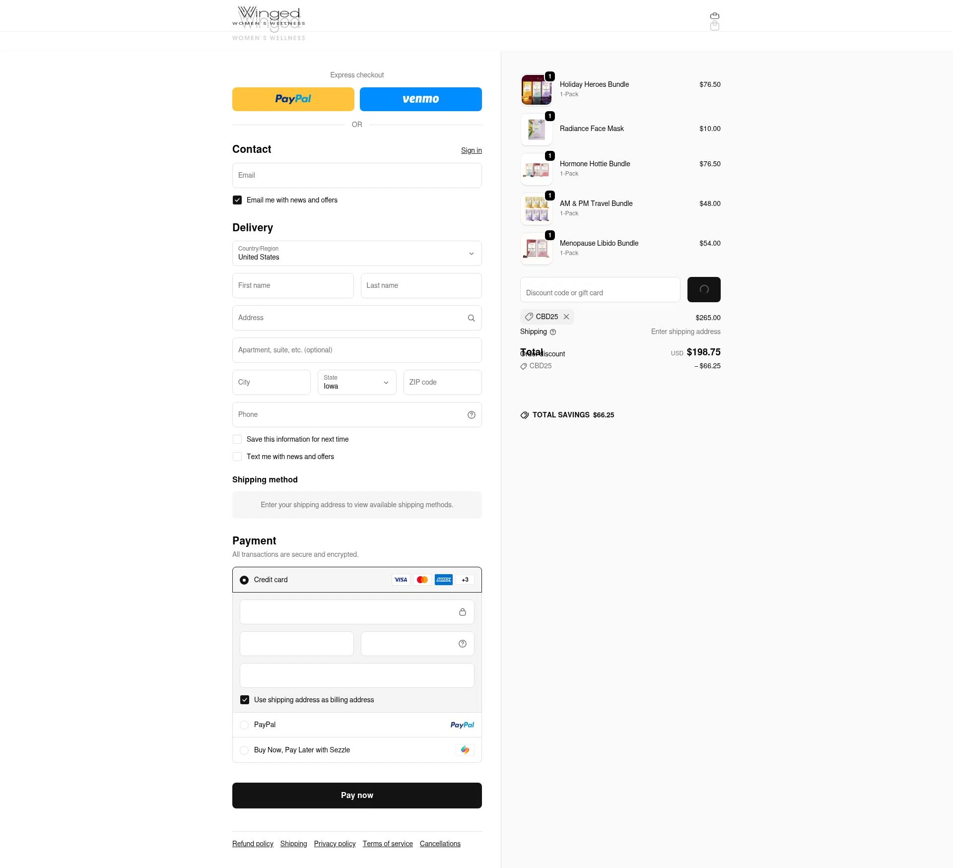 Winged Wellness checkout page showing Winged Wellness coupon code box | Screenshot taken by SimplyCodes community member on Feb 10, 2026