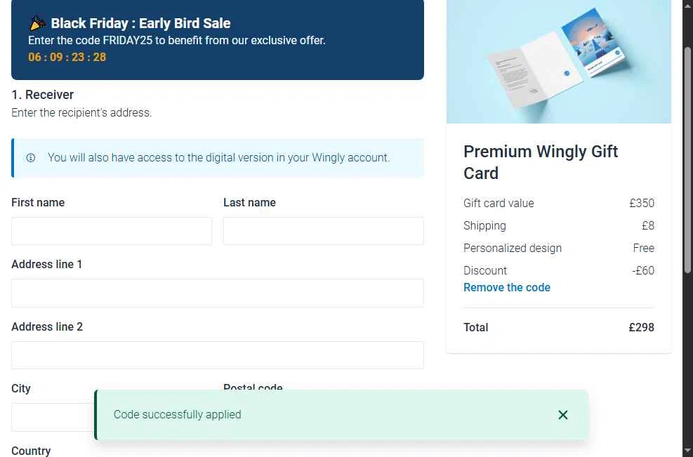 Wingly checkout page showing Wingly discount code box | Screenshot taken by SimplyCodes community member on Nov 6, 2025