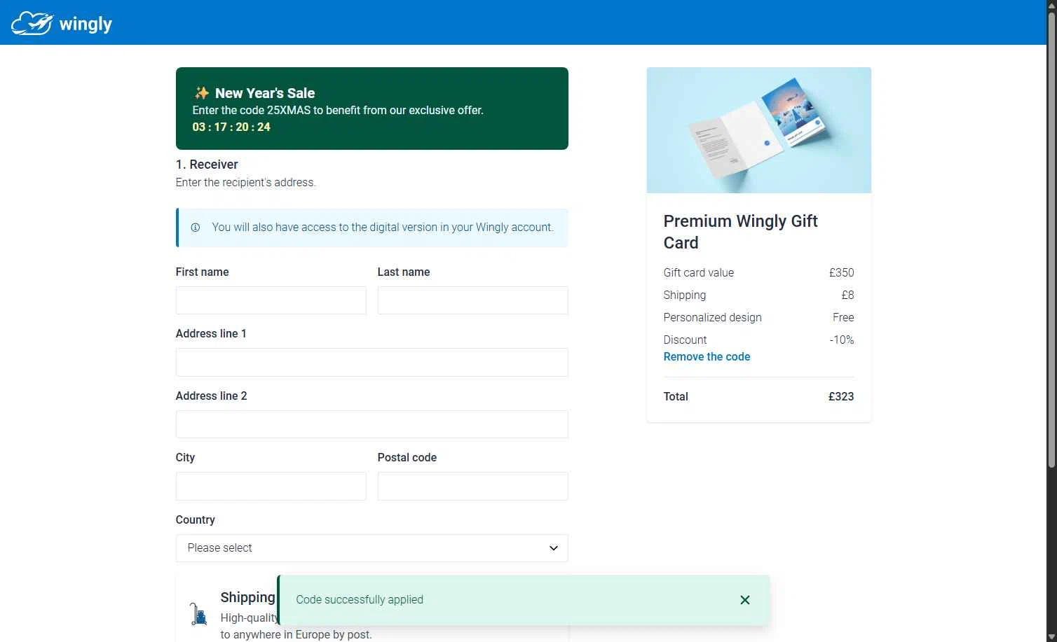 Wingly checkout page showing Wingly discount code box | Screenshot taken by SimplyCodes community member on Jan 3, 2026