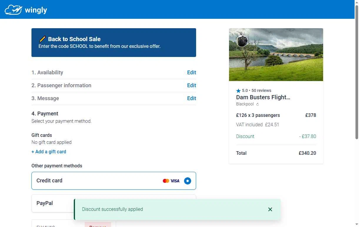 Wingly checkout page showing Wingly discount code box | Screenshot taken by SimplyCodes community member on Sep 5, 2025