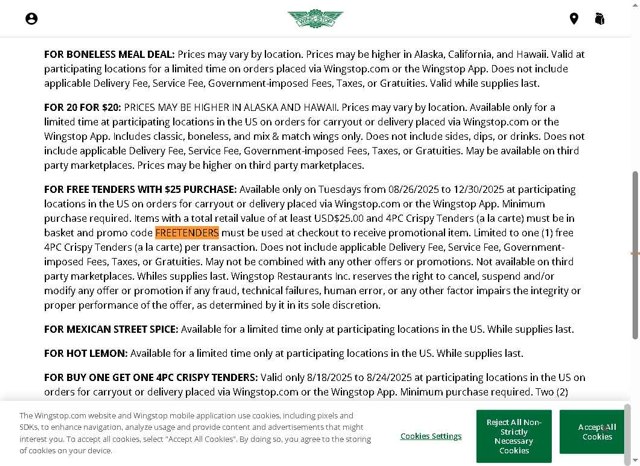 Wingstop checkout page showing Wingstop promo code box | Screenshot taken by SimplyCodes community member on Aug 28, 2025