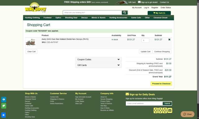 Wing Supply checkout page showing Wing Supply coupon code box | Screenshot taken by SimplyCodes community member on Jun 2, 2025