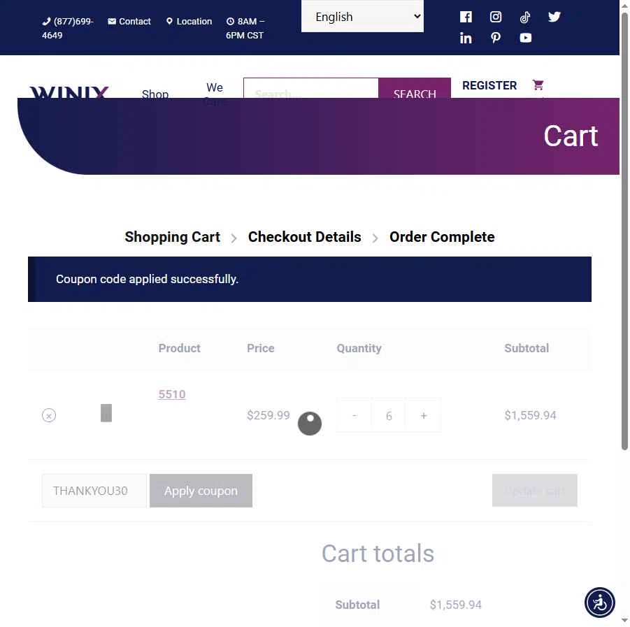 Winix America checkout page showing Winix America coupon code box | Screenshot taken by SimplyCodes community member on Jan 22, 2026