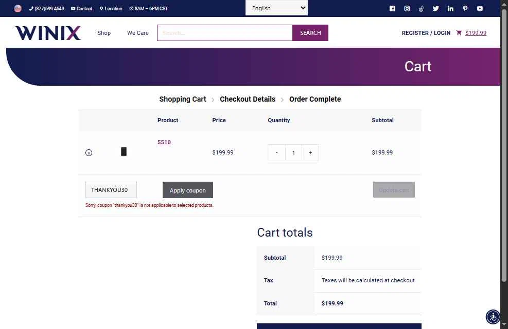 Winix America checkout page showing Winix America coupon code box | Screenshot taken by SimplyCodes community member on Nov 30, 2025