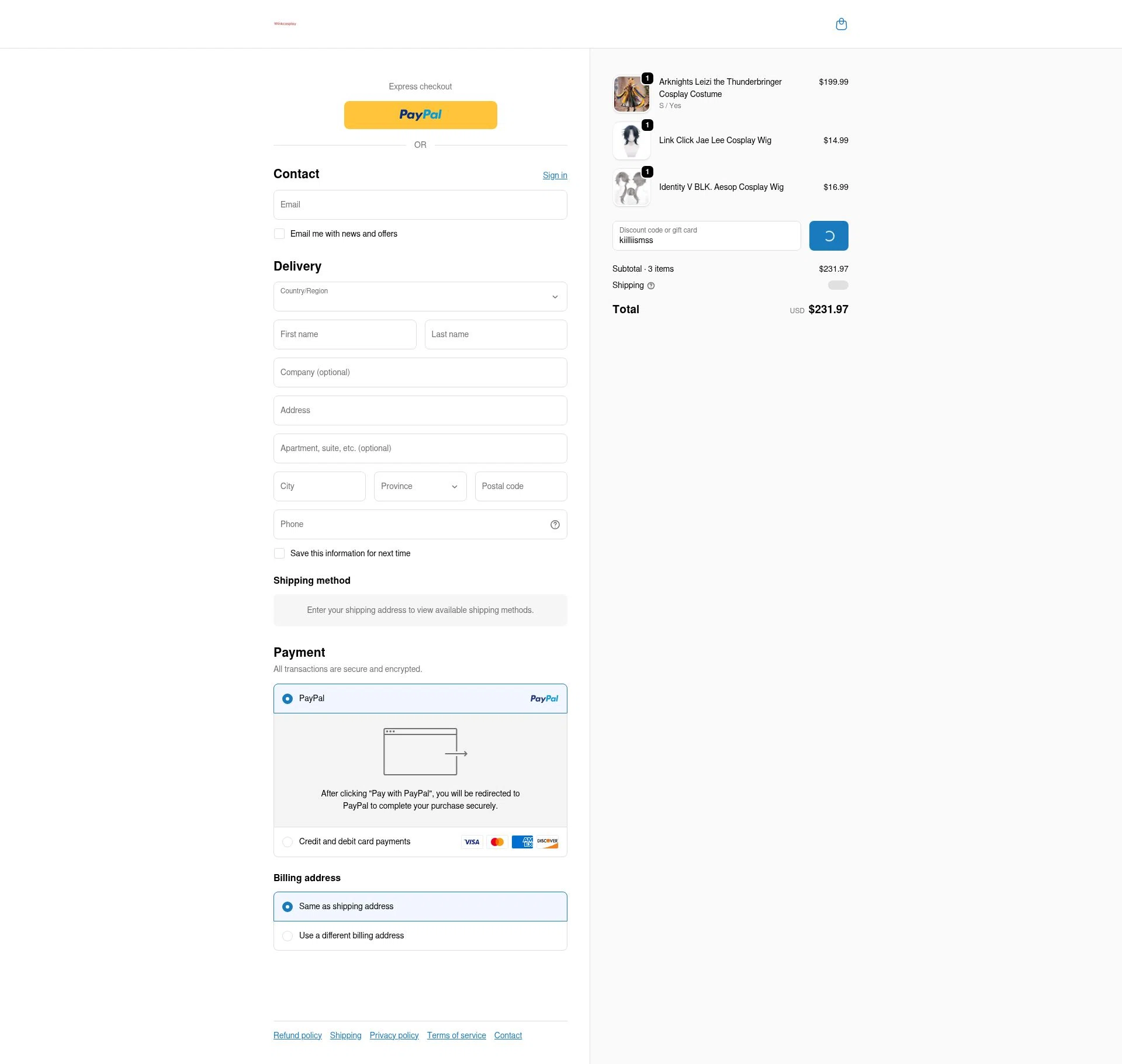 Winkcosplay checkout page showing Winkcosplay promo code box | Screenshot taken by SimplyCodes community member on Dec 28, 2025