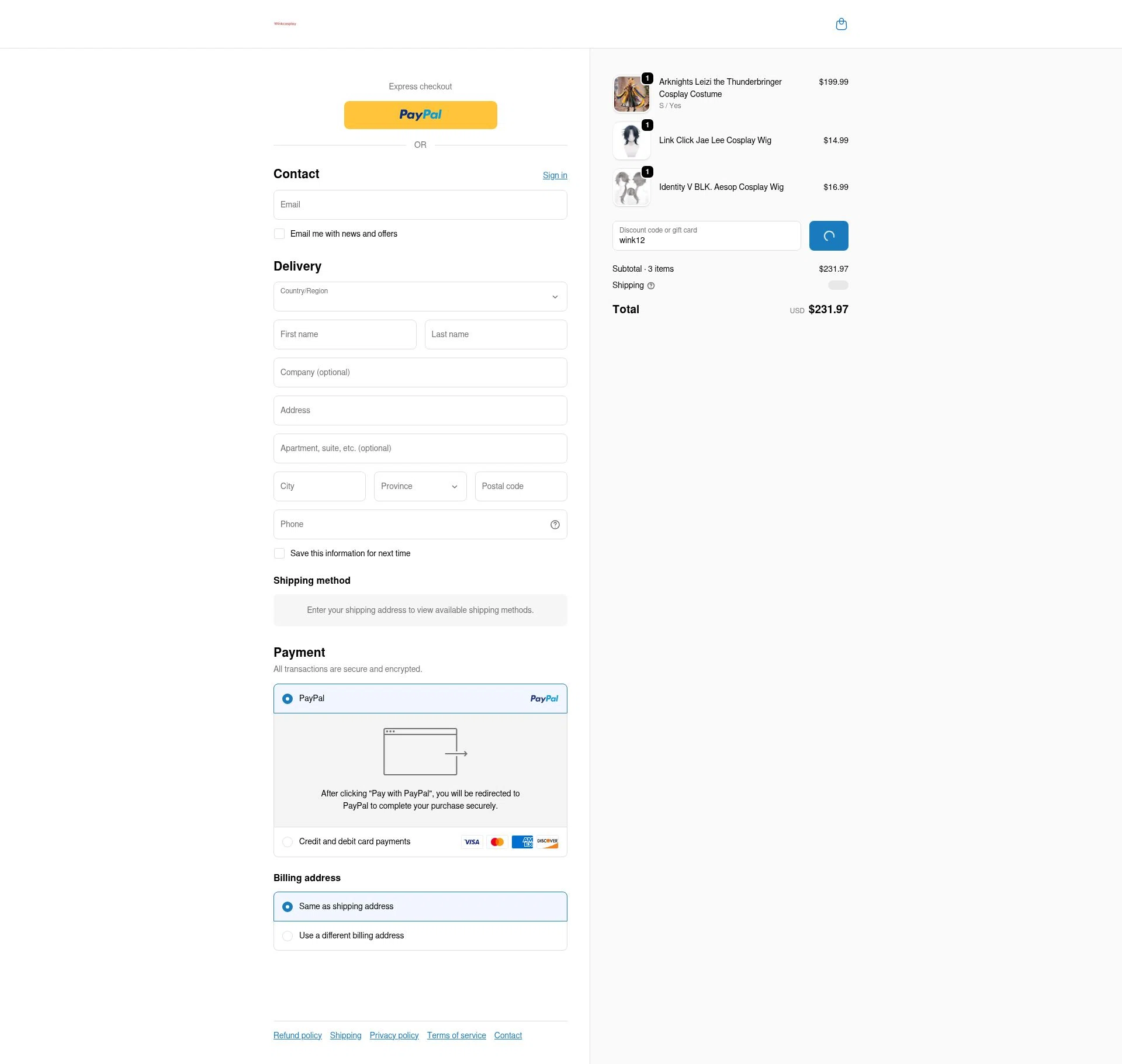 Winkcosplay checkout page showing Winkcosplay promo code box | Screenshot taken by SimplyCodes community member on Dec 28, 2025