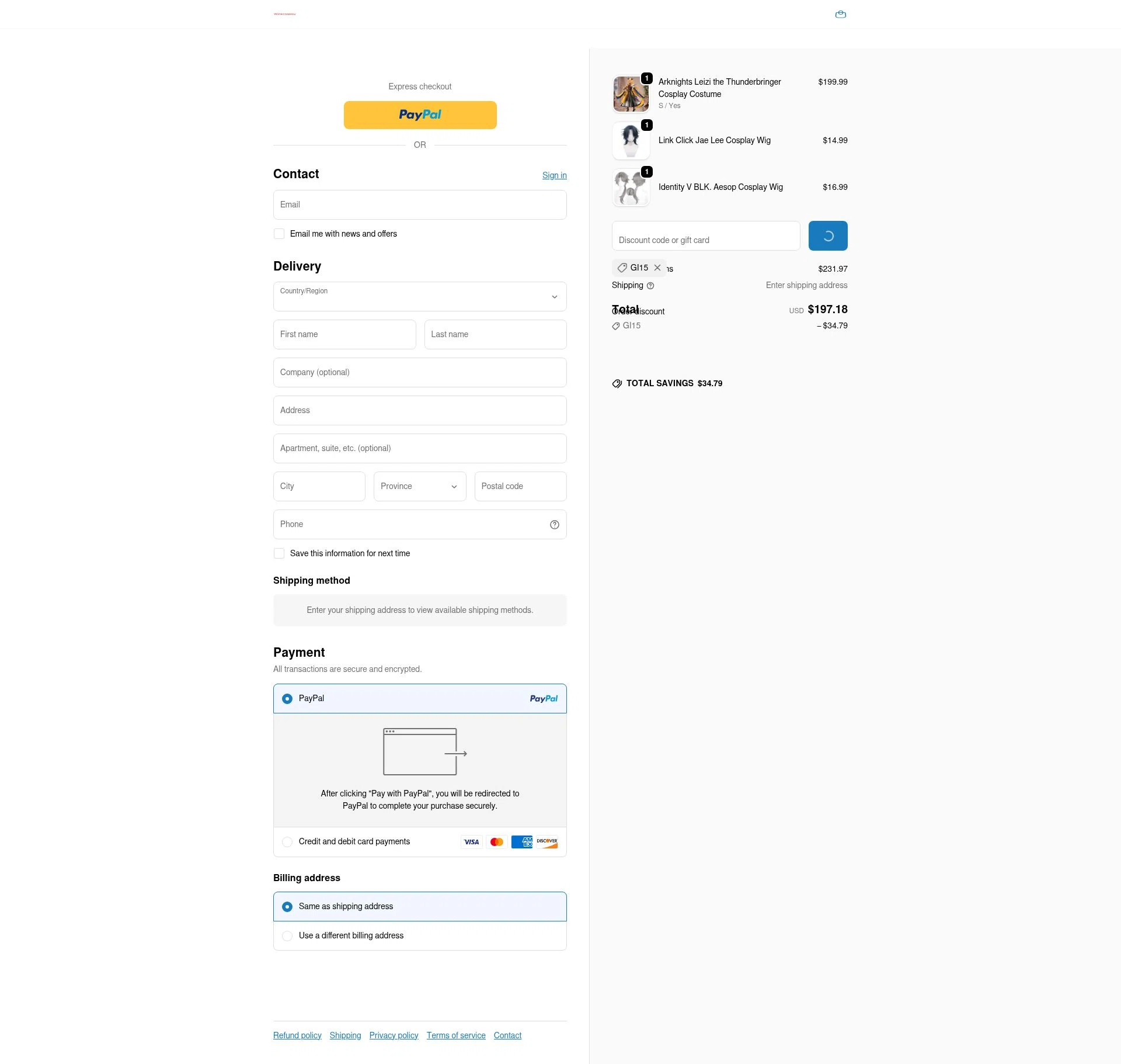 Winkcosplay checkout page showing Winkcosplay promo code box | Screenshot taken by SimplyCodes community member on Dec 28, 2025