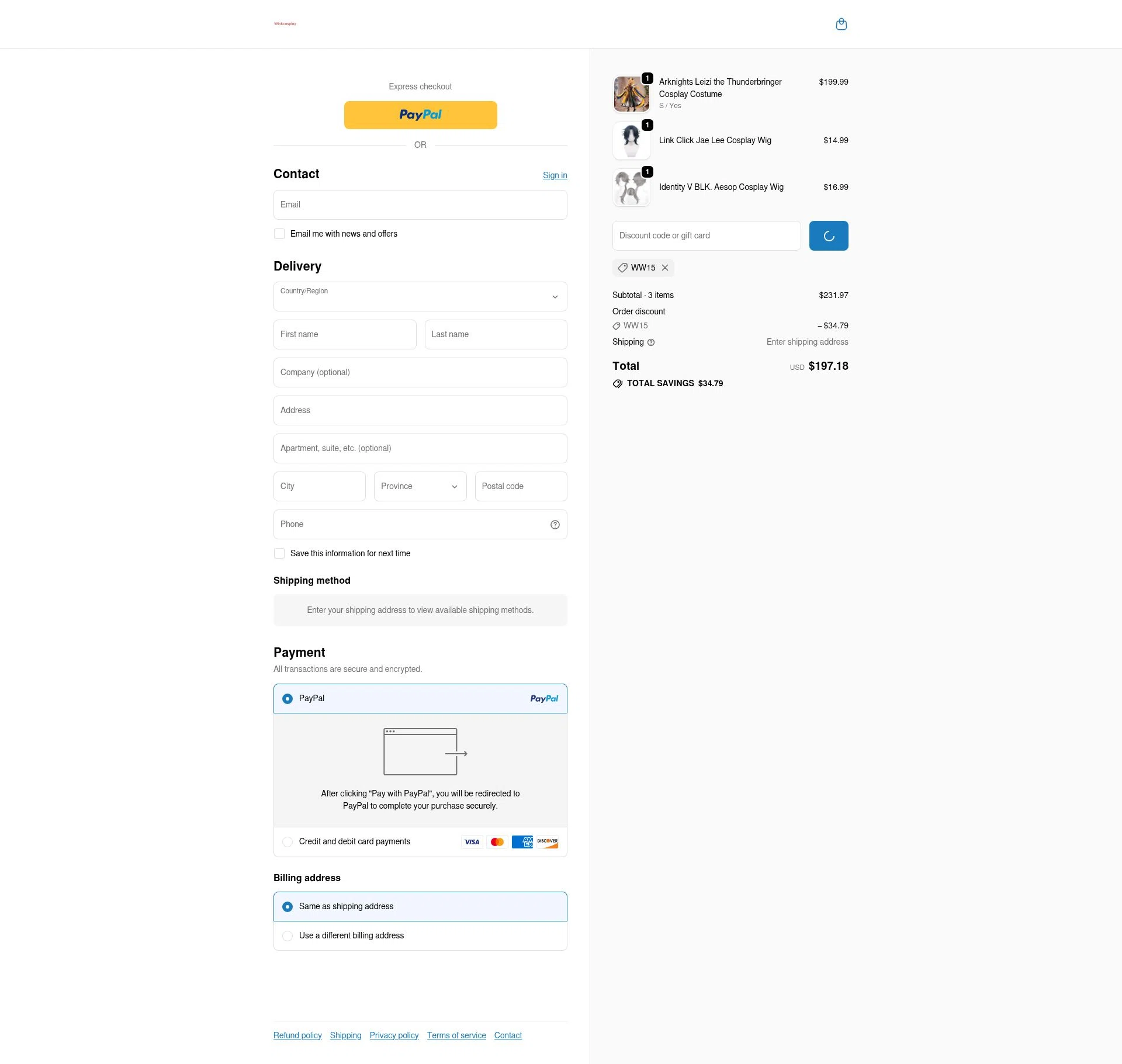 Winkcosplay checkout page showing Winkcosplay promo code box | Screenshot taken by SimplyCodes community member on Dec 28, 2025