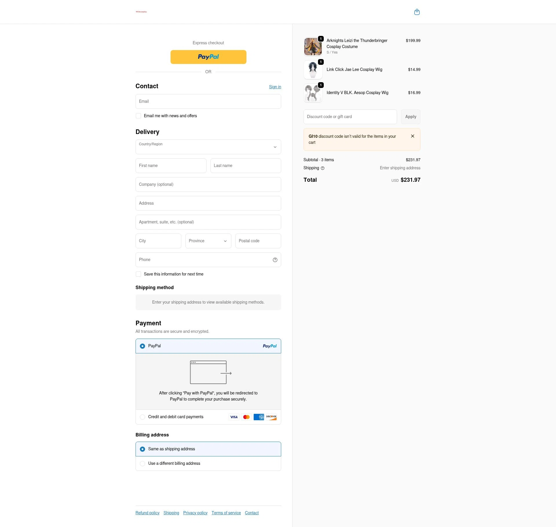 Winkcosplay checkout page showing Winkcosplay promo code box | Screenshot taken by SimplyCodes community member on Dec 28, 2025