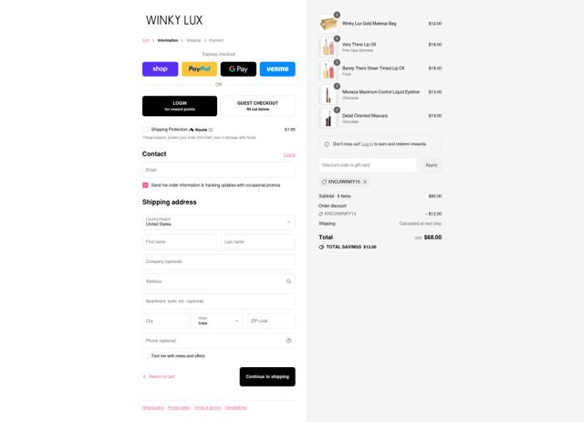 Winky Lux checkout page showing Winky Lux promo code box | Screenshot taken by SimplyCodes community member on Sep 8, 2025