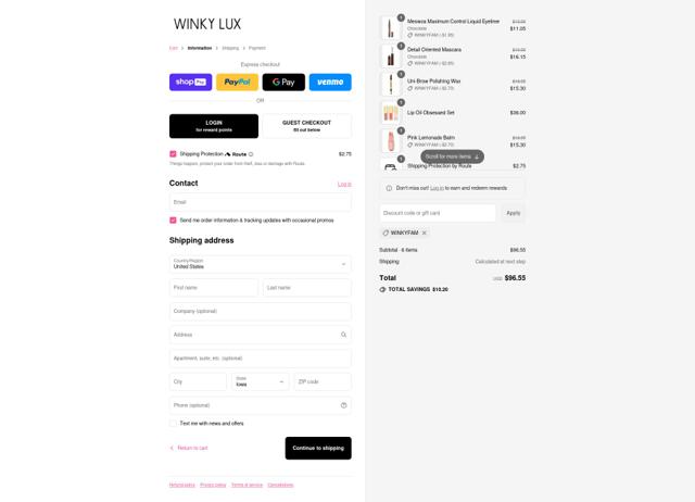 Winky Lux checkout page showing Winky Lux promo code box | Screenshot taken by SimplyCodes community member on Aug 26, 2025