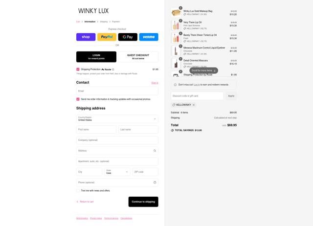 Winky Lux checkout page showing Winky Lux promo code box | Screenshot taken by SimplyCodes community member on Sep 12, 2025