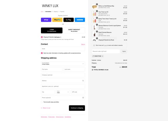 Winky Lux checkout page showing Winky Lux promo code box | Screenshot taken by SimplyCodes community member on Sep 12, 2025