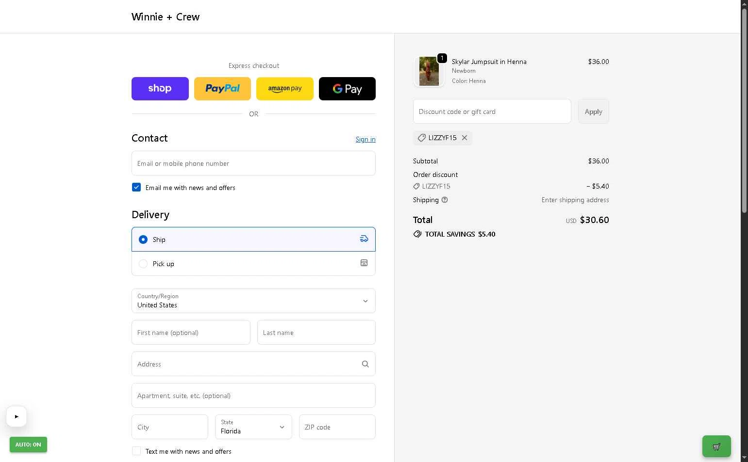 Winnie + Crew checkout page showing Winnie + Crew promo code box | Screenshot taken by SimplyCodes community member on Dec 23, 2025