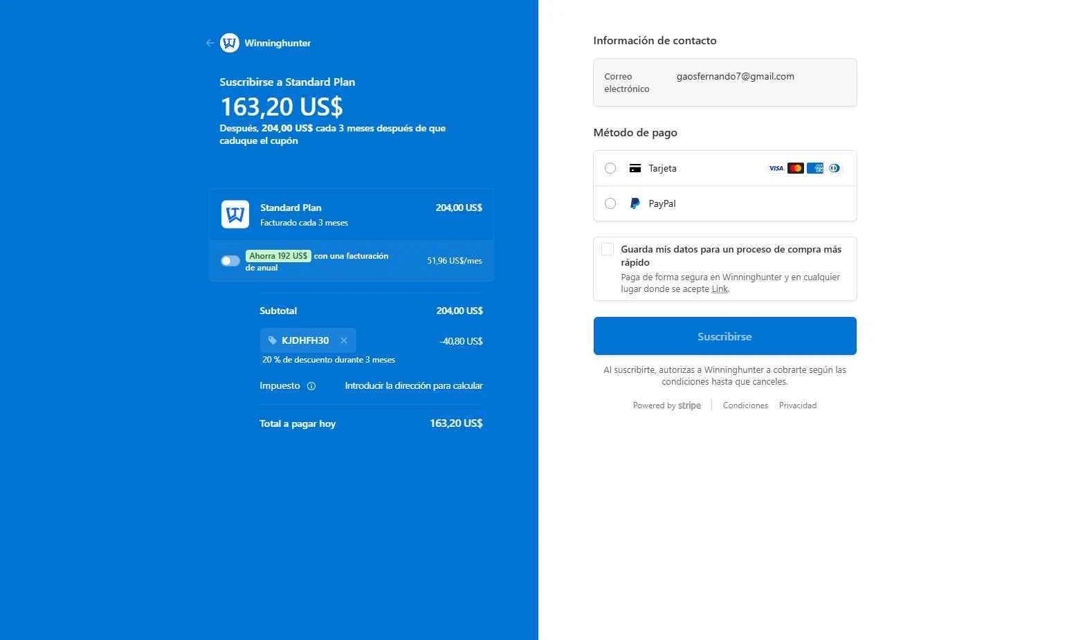 Winning Hunter checkout page showing Winning Hunter discount code box | Screenshot taken by SimplyCodes community member on Jan 2, 2026