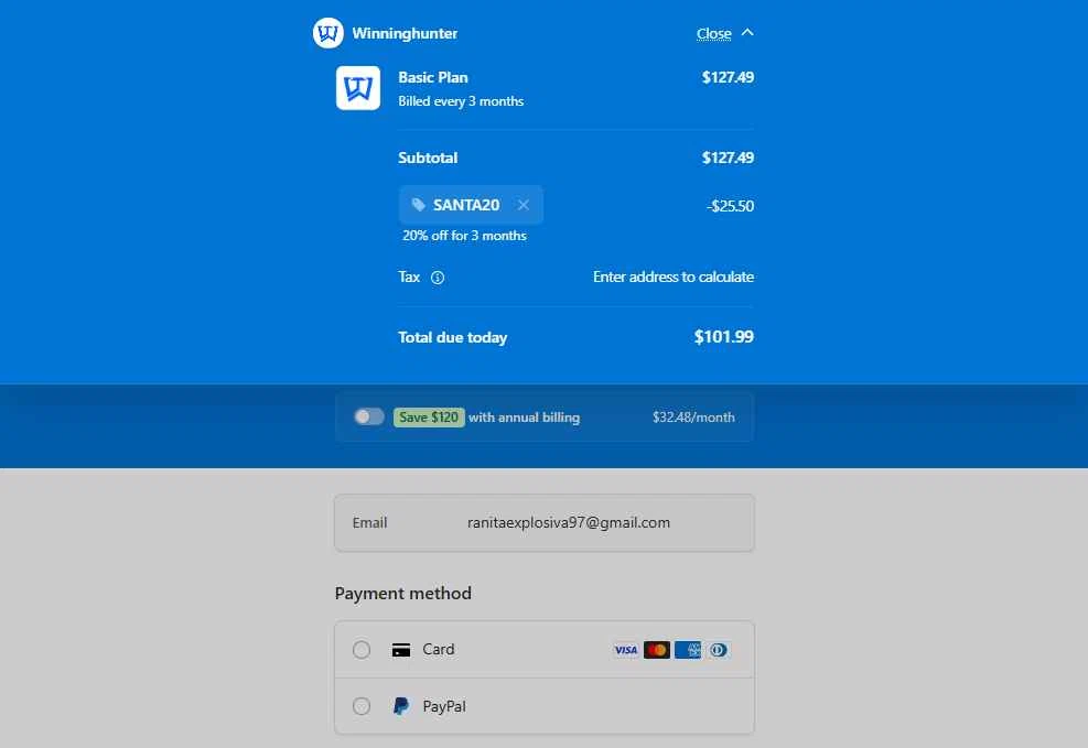 Winning Hunter checkout page showing Winning Hunter discount code box | Screenshot taken by SimplyCodes community member on Jan 16, 2026